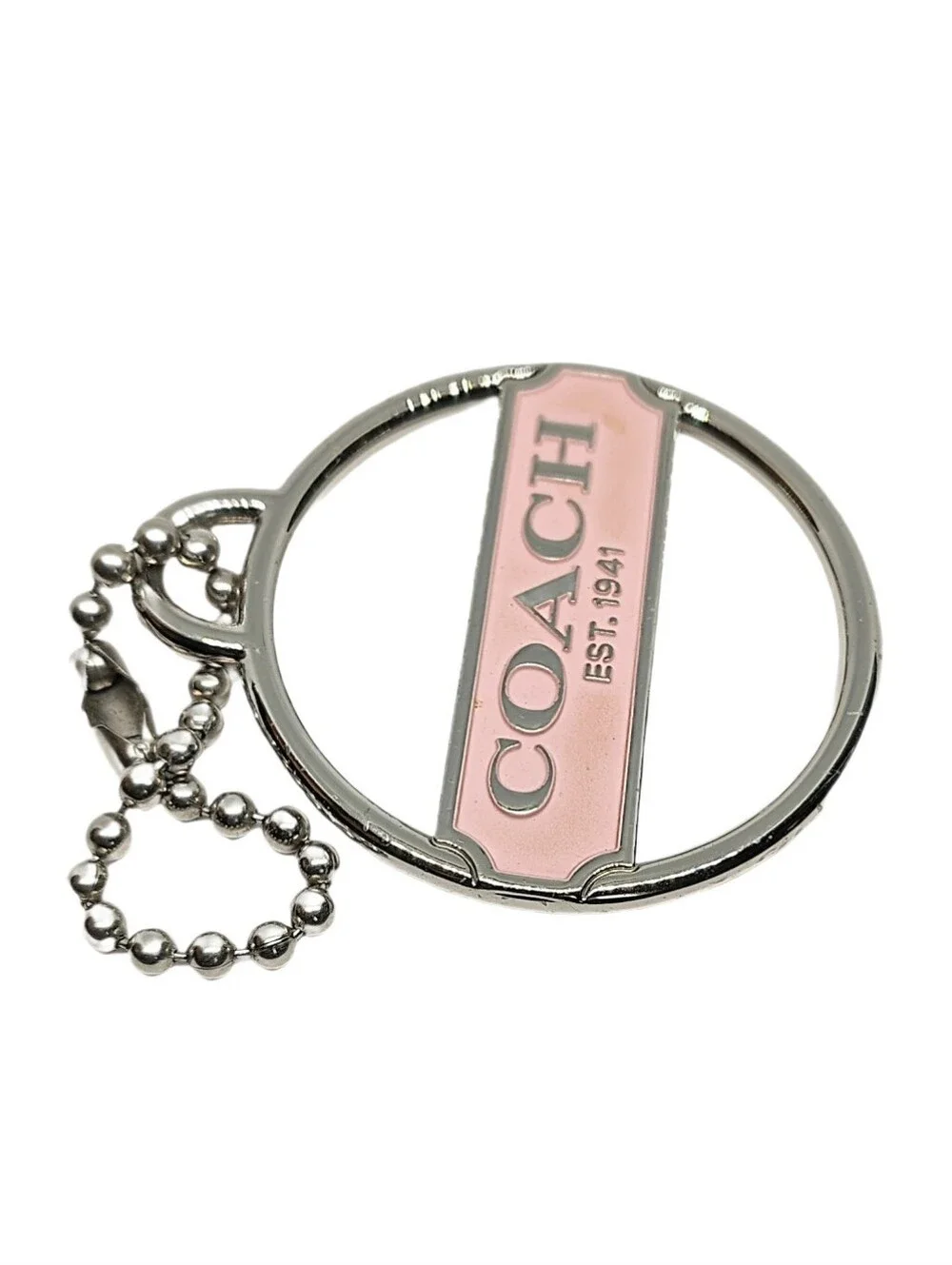 🆕 Coach Light Pink & Silver Nickel Round Metal Hang Tag Bag Fob Charm Keychain